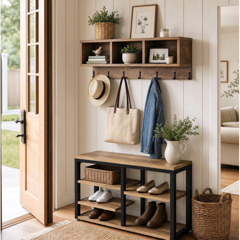 Edalyn 31.5"  Wide Hall Tree with Bench and Shoe Storage, Brown