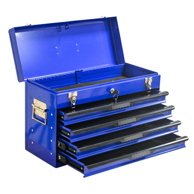 Blue And Black Steel Tool Storage Box With 3 Drawers, Locking System, Bearing Slides, Comfortable Handle, Great For Storing Electrical Tools 20 - Inch Key, Top Tray, Waterproof, Suitable Outdoor Use