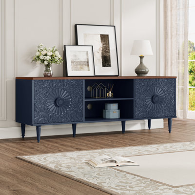 Meuble télé 61 po, console média Medallion sculptée à la main avec 2 portes et tablettes ouvertes, centre de divertissement en bois deux tons, bleu