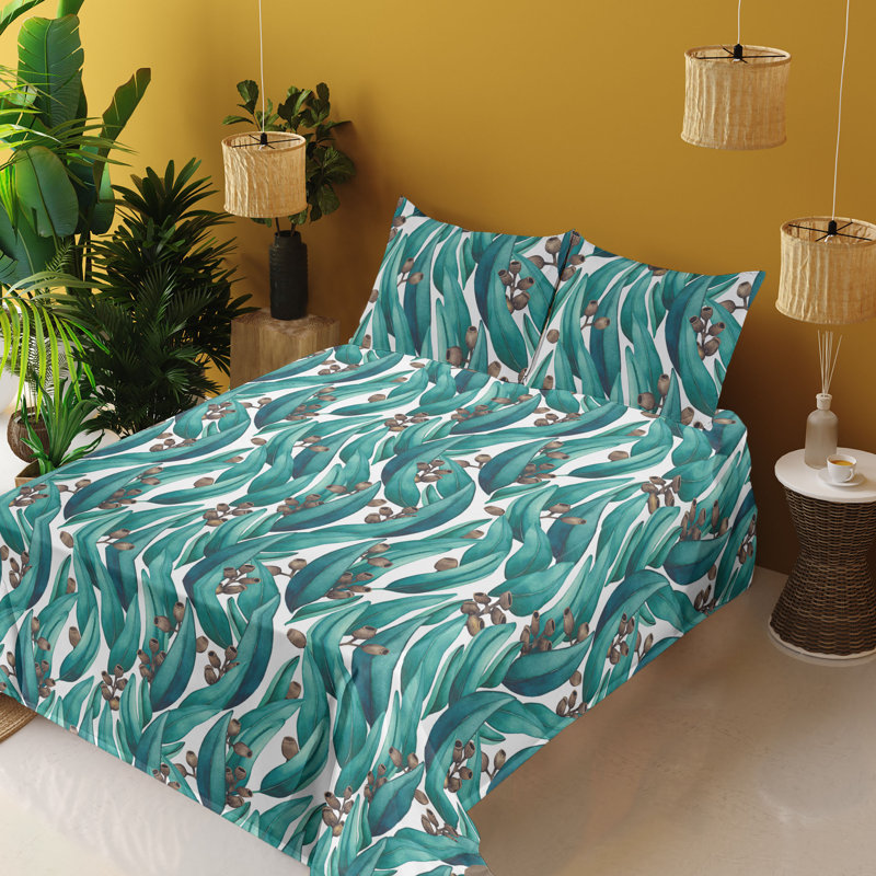Ambesonne Botanical Sheet Set Eucalyptus Leaves Buds Teal Brown White, Full Sheet Set with 2 Pillowcases