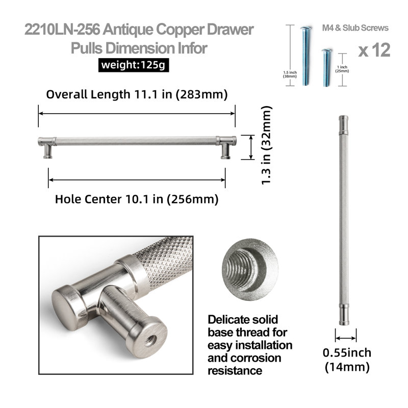 Paquet de 10 po à poignées antidérapantes à poignées rétro antidérapantes en nickel satiné, 10", Nickel satiné