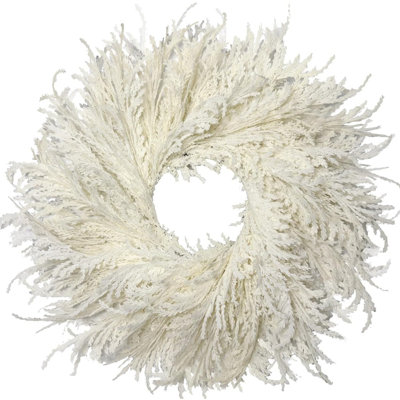 Couronne de cyprès floquée blanche 28 po - Pampas neutre fait à la main et fausse cèdre en forme de porte d'entrée pour une utilisation intérieure / extérieure toutes saisons
