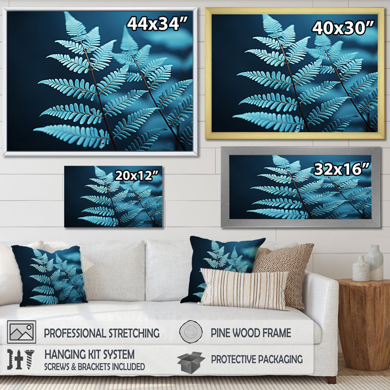 Ferns Turquoise Whimsy III - imprimé, Cadre flottant doré, H 34 po x l 44 po x P 1,5 po