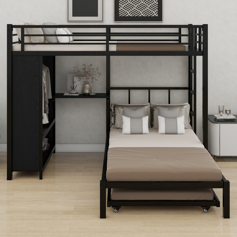 Metal Bunk Bed With Wardrobe, Trundle, Foldable Desk, Ladders, Twin Over Twin