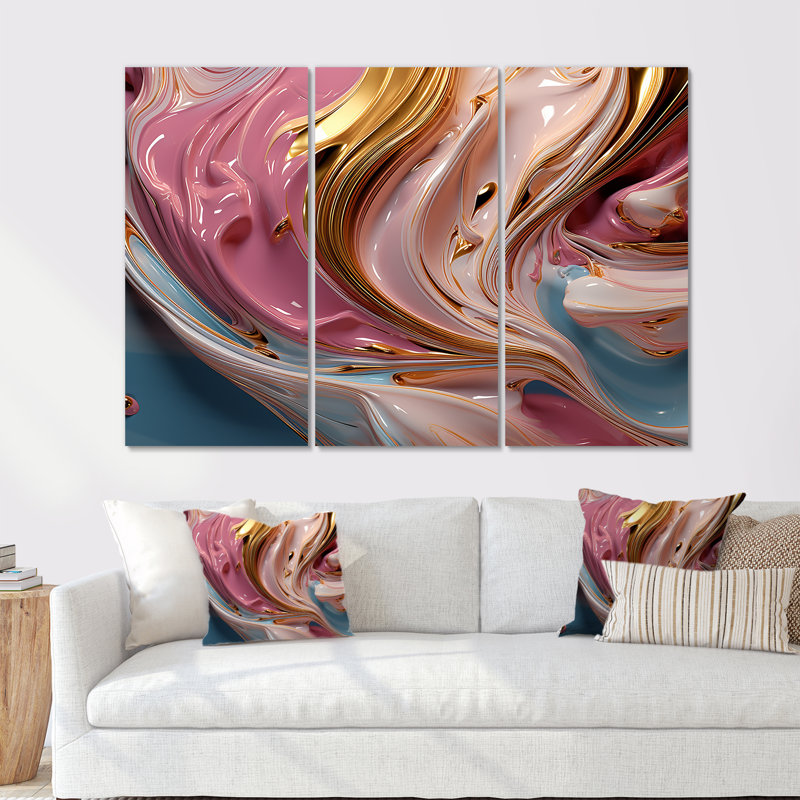 «Fluid Magnificence Pink Gold I» - ensemble de décorations murales abstraites à encre liquide, H 28 po x l 36 po x P 1 po