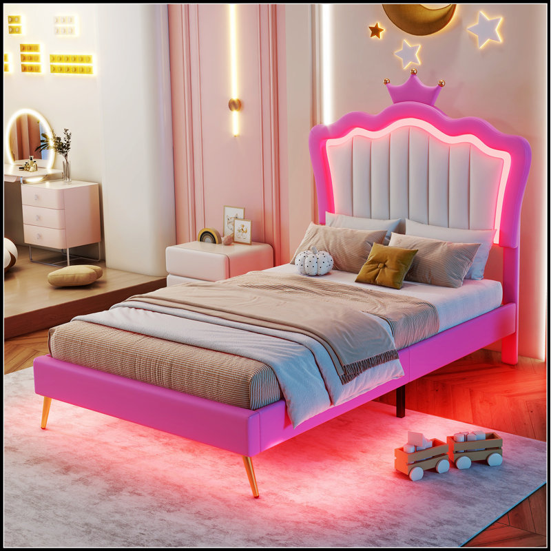Structure de lit rembourrée avec lumières DEL, lit Princess moderne pour un sommeil élégant et confortable