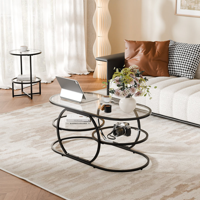 40" Glass Top Coffee Table With Metal Frame, Black