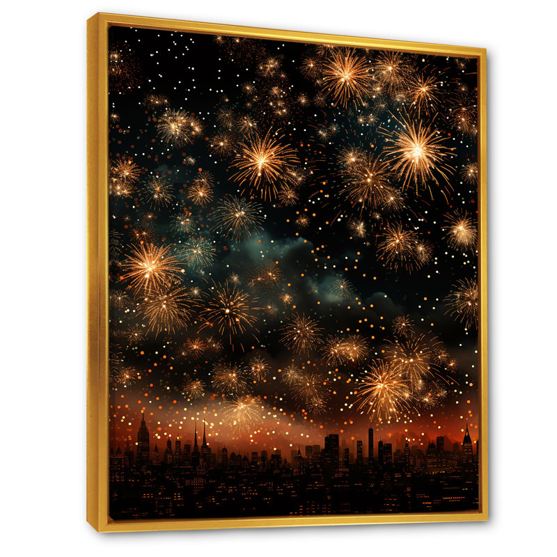 Feux d'artifice dorés, ciel magique, Cadre flottant doré, H 44 po x l 34 po x P 1,5 po