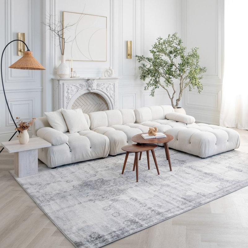 Tapis à motif damas gris / beige de 8 pi x 11 pi (7 pi 9 po x 10 pi 8 po) à motif de branches, tapis contemporain, à poils courts et résistant aux taches - salon, chambre à coucher, salle à manger et cuisine