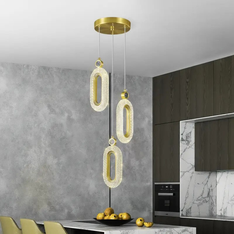 Luminaire suspendu moderne doré 3 lumières à DEL à intensité variable semi-encastré, H 64 po x l 8 po x P 8 po