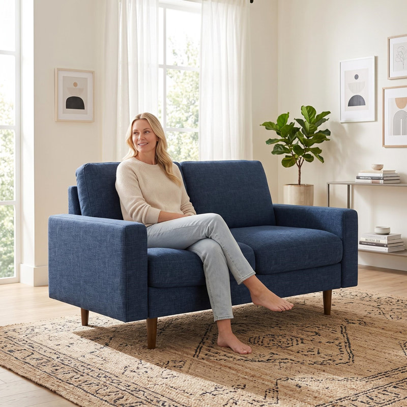 Canapé moderne à 2 places, canapé en tissu de polyester, sans coussins décoratifs, Polyester bleu foncé