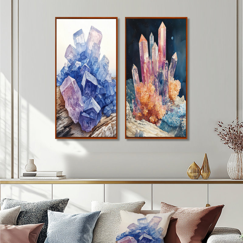 Cristaux et rose et bleu à la lune I - Collection d'art sur toile 2 panneaux, H 32 po x l 33 po, Cadre flottant brun