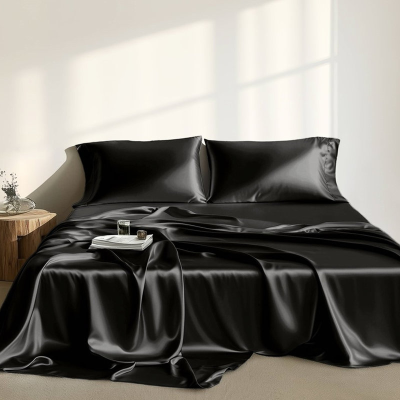 Ensemble de draps en satin de luxe 100% noir 4 pièces - froissé, lisse et doux pour la peau