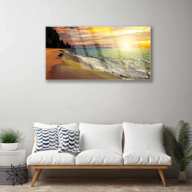 Glass Print Wall Art 100X50cm Image Printed On Glass Decorative Wall Picture Behind Toughened / Tempered Safety Real Glass For Kitchen & Living Room Theme: Sun Beach Sea Tree Landscape
