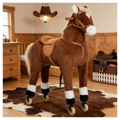 Large Brown Walking Horse Toy with Plush Body and Metal Frame for Kids