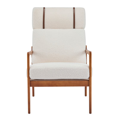 Mid Century Modern Accent Armchair, Solid Wood Frame With High Back, Beige Boucle Upholstered Cushions, Ergonomic Lounge Chair For Living Room/Bedroom