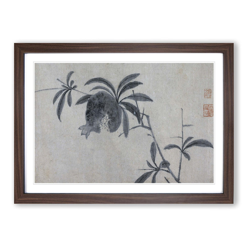 Pomegranate Tree by Shen Zhou - Picture Frame Painting Print, 27cm H x 36cm W x 2cm D, Walnut Framed