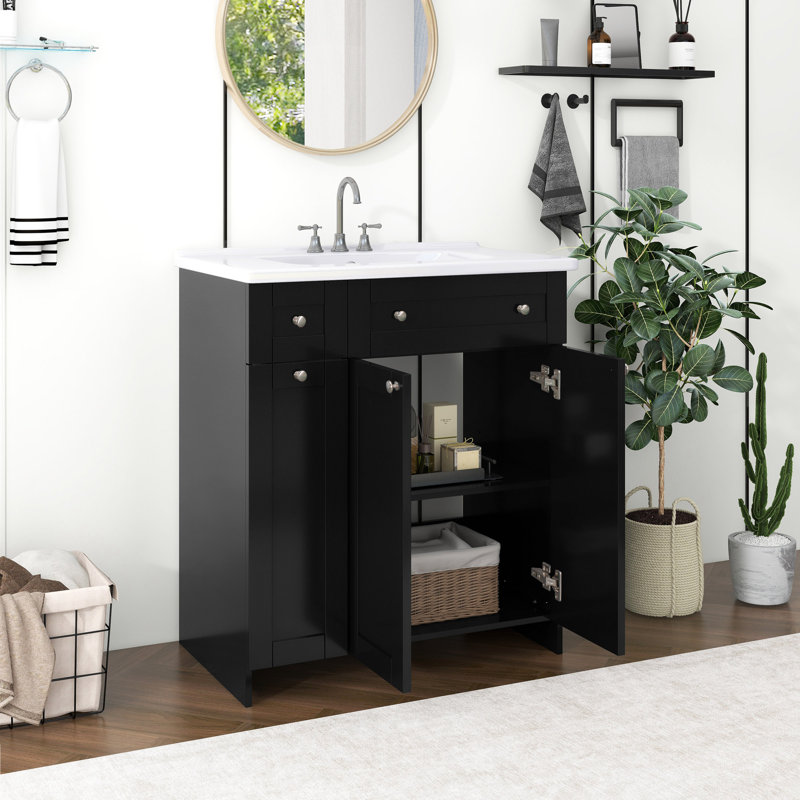 Ensemble de meuble-lavabo 30 po avec lavabo en céramique, armoire de rangement abondante - 2 portes à fermeture en douceur et tiroir profond à deux niveaux