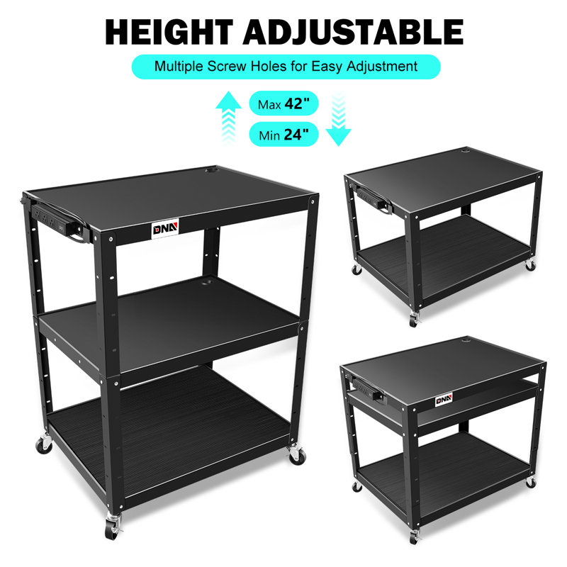 Adjustable Black Steel 3-Shelf Rolling Utility AV Cart