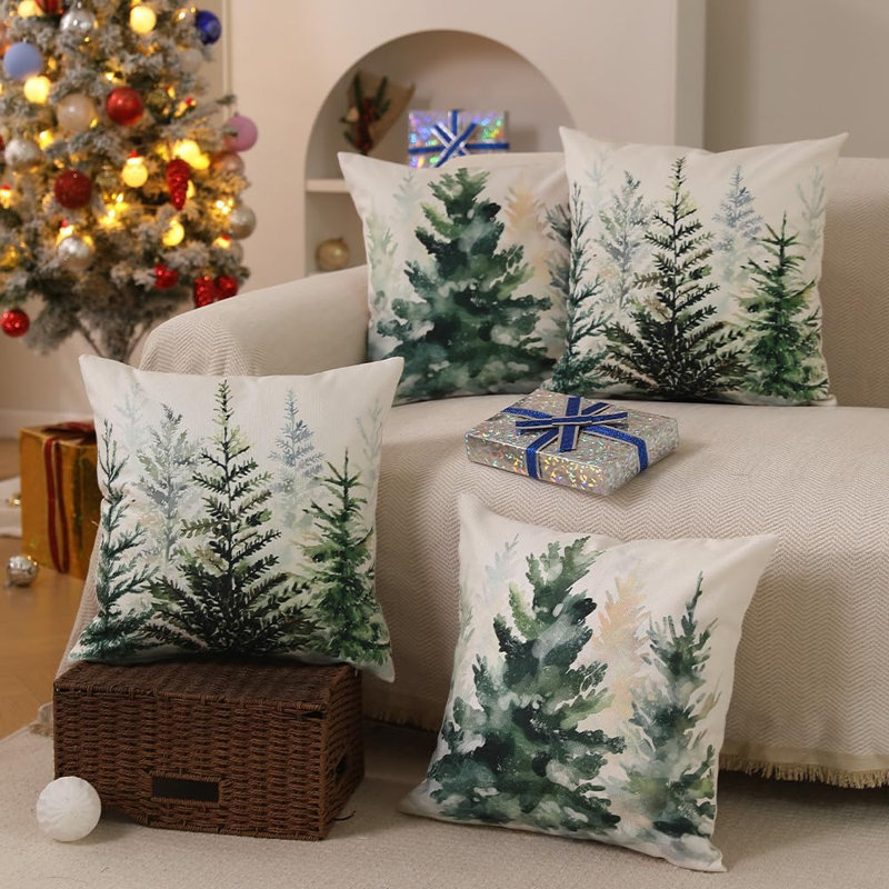Couvre-oreiller de Noël 18 x 18 pouces, ensemble de 2 coussins décoratifs aquarelle bleu vert, arbre, arbre de Noël, forêt, forêt