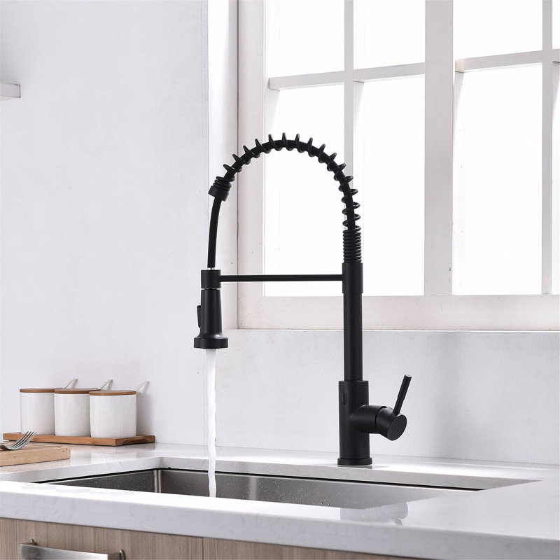 Robinets d'évier de cuisine à poignée simple rétractable avec accessoires, Noir mat