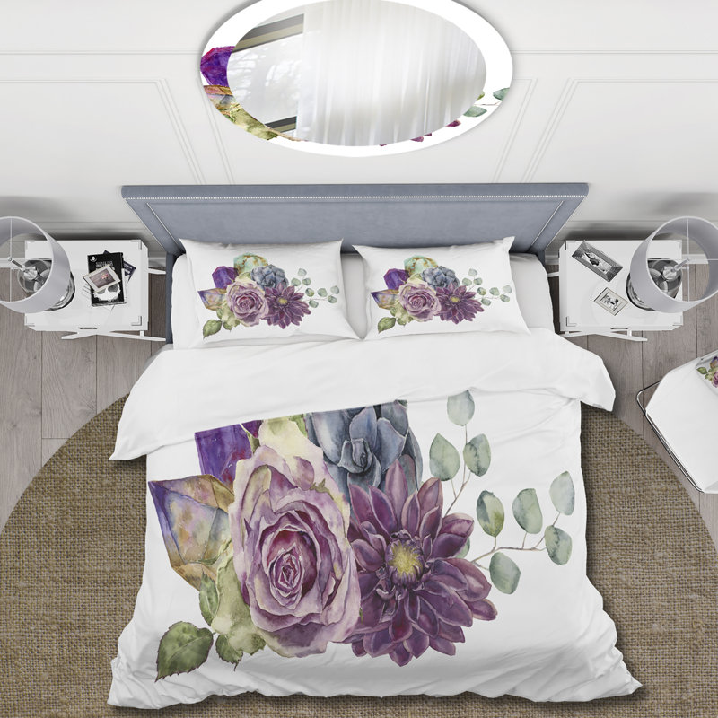 Bouquet de fleurs avec plantes grasses Eucalyptus - Ensemble de housse de couette traditionnel - Microfibre de polyester