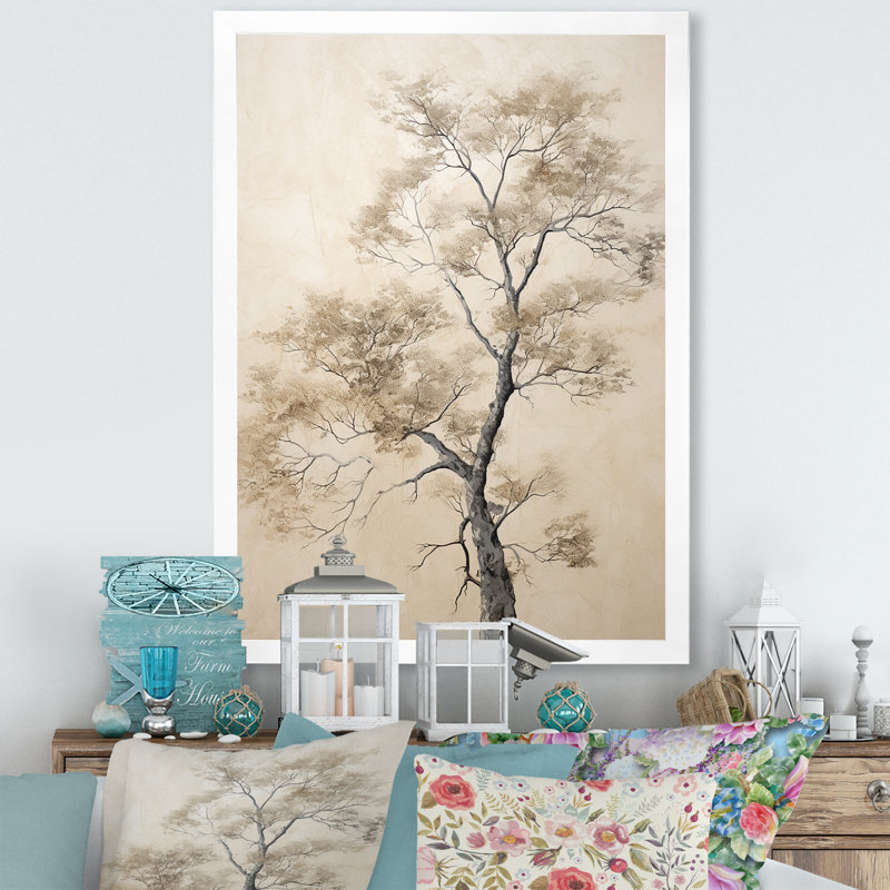 " Minimalism Beige Maple Tree Melody V ", White Picture Frame, 32" H x 16" W x 1" D