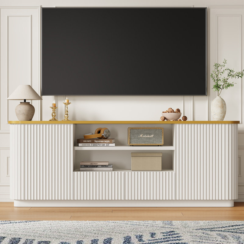 70"Fluted TV Stand for TVs Up to 80", Modern Entertainment Center with 2 Drawers & Cabinets, TV Console with Curved Profile Design