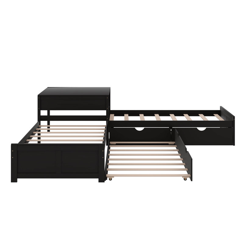 Lit plateforme simple en L avec lit gigogne, tiroir et bureau, Espresso