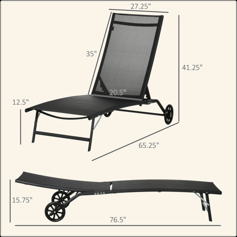 Chaise Lounge Outdoor, 2 Piece Lounge Chair With Wheels, Tanning Chair With 5 Adjustable Positions For Patio, Beach, Yard, Pool