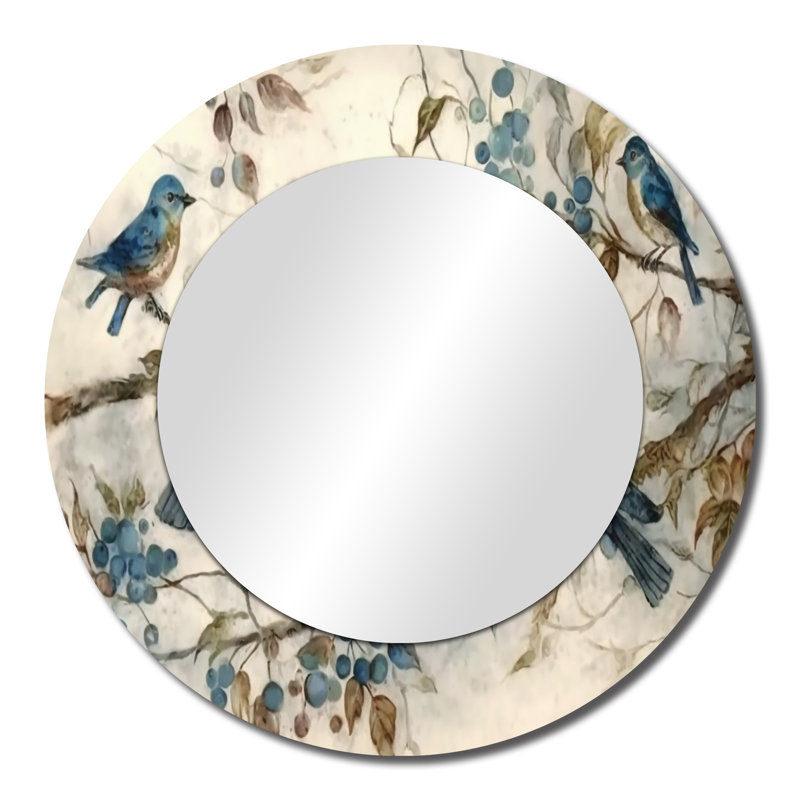 Quatre oiseaux bleus rétro sur une branche IV - décor de miroir mural unique oiseau, 23 po x 23 po