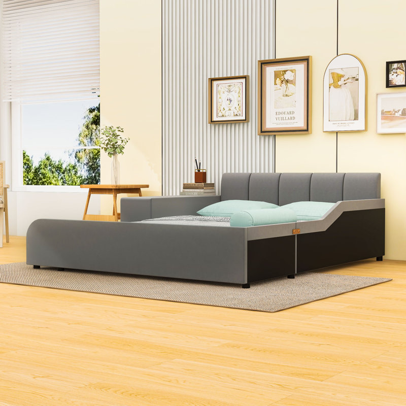 Lit tapissier Stelijana avec bureau de chevet et petit tabouret rond, Gris, Grand