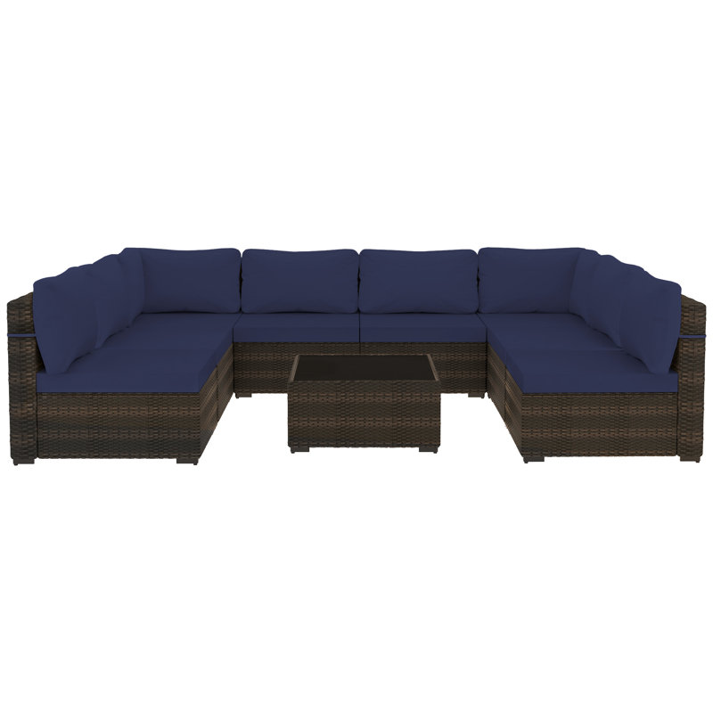 9-piece wicker patio conversation sets with cushions, Navy Blue