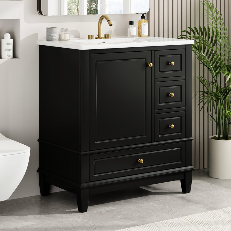 Meuble-lavabo noir avec lavabo, 30 po, corps robuste, porte à fermeture douce, une tablette de porte et 3 tiroirs à trois tiroirs