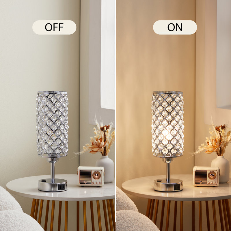 14.3'' Silver Crtstal Bedside Lamp with Touch Control and USB Ports
