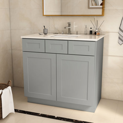 36 po x 21 po x 34,5 po, armoire de meuble-lavabo gris en contreplaqué gris - protégé, pour installation silencieuse à fermeture en douceur, protégé