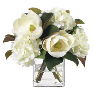 Magnolia et hortensia dans un vase carré