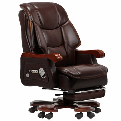 Kinnls Jones Executive Office Chair with Massage Ventilation and Heating, Genuine Leather Luxury Managerial Executive Home Desk Chairs Big and Tall Recliner with Footrest(Coffee)