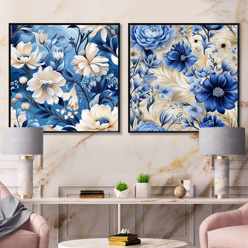Cloe - Ensemble de 2 collages carrés floraux, Cadre flottant noir, H 16 po x l 33 po