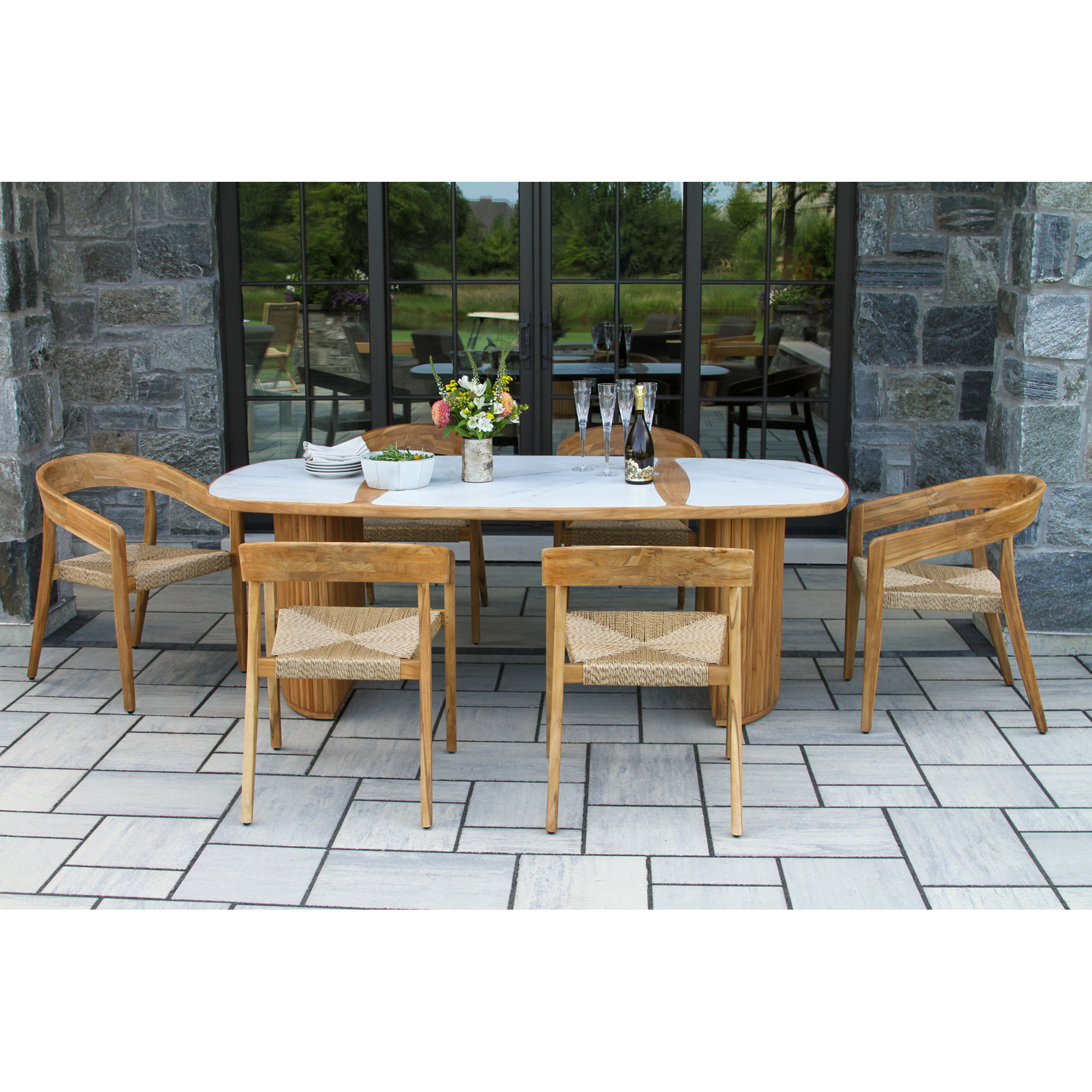 Estate 7 Pc. Teak & Wicker Oval Dining Set With Orobico Stone Top, Tan/Natural, White