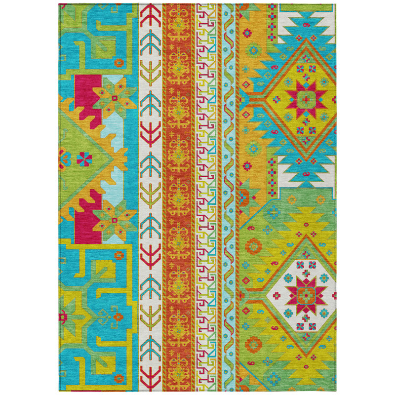 3' X 5' Teal Blue Green And Pink Aztec Washable Indoor Outdoor Area Rug