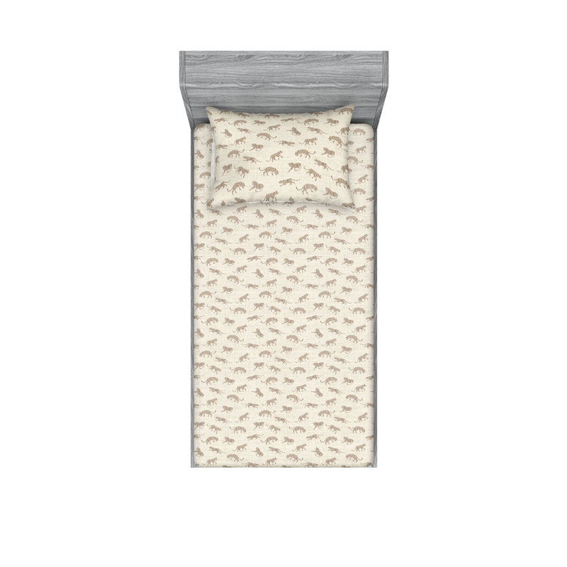 Ambesonne Fitted Sheet & Shams, Twin Sheet Set with 1 Pillowcase, Eggshell/Warm Taupe/Tan Animal Print