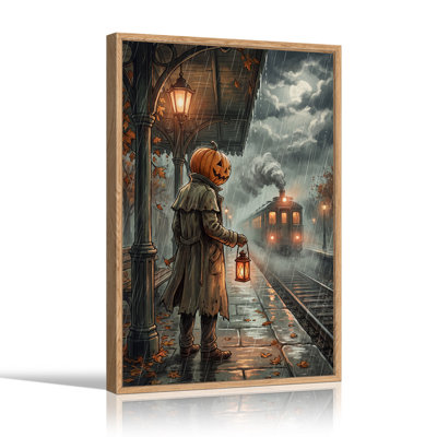 Tableau sur toile représentant une citrouille avec une lanterne dans un train pluvieux (Halloween)