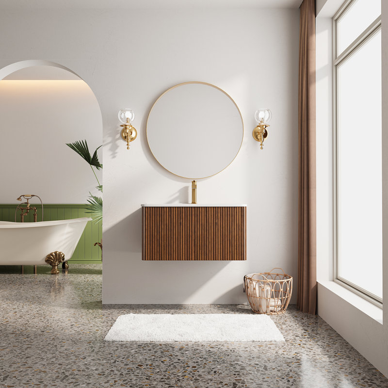 Meuble-lavabo simple mural et flottant avec lavabo en céramique, Naturel, 30"