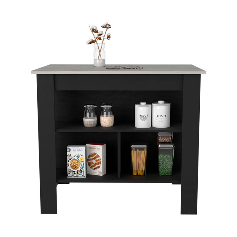 Îlot de cuisine, trois tablettes, noir / finition couleur marbre Ibiza, Noir/gris