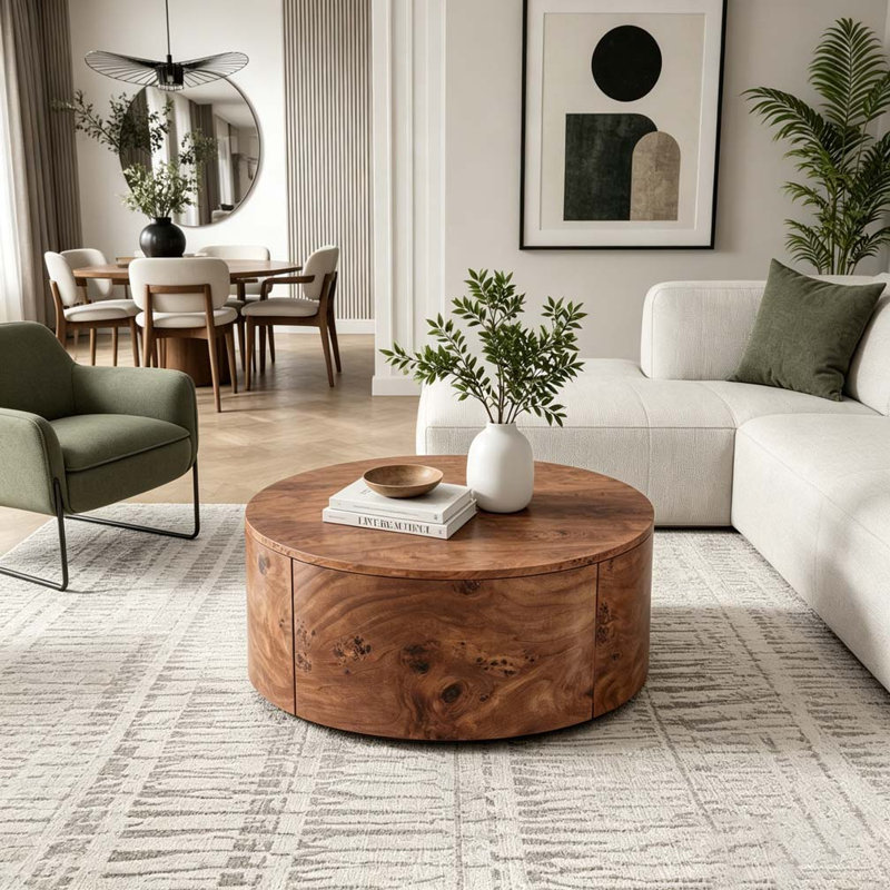 Table basse rotative en bois avec 2 tiroirs, plateau tournant à 360 °