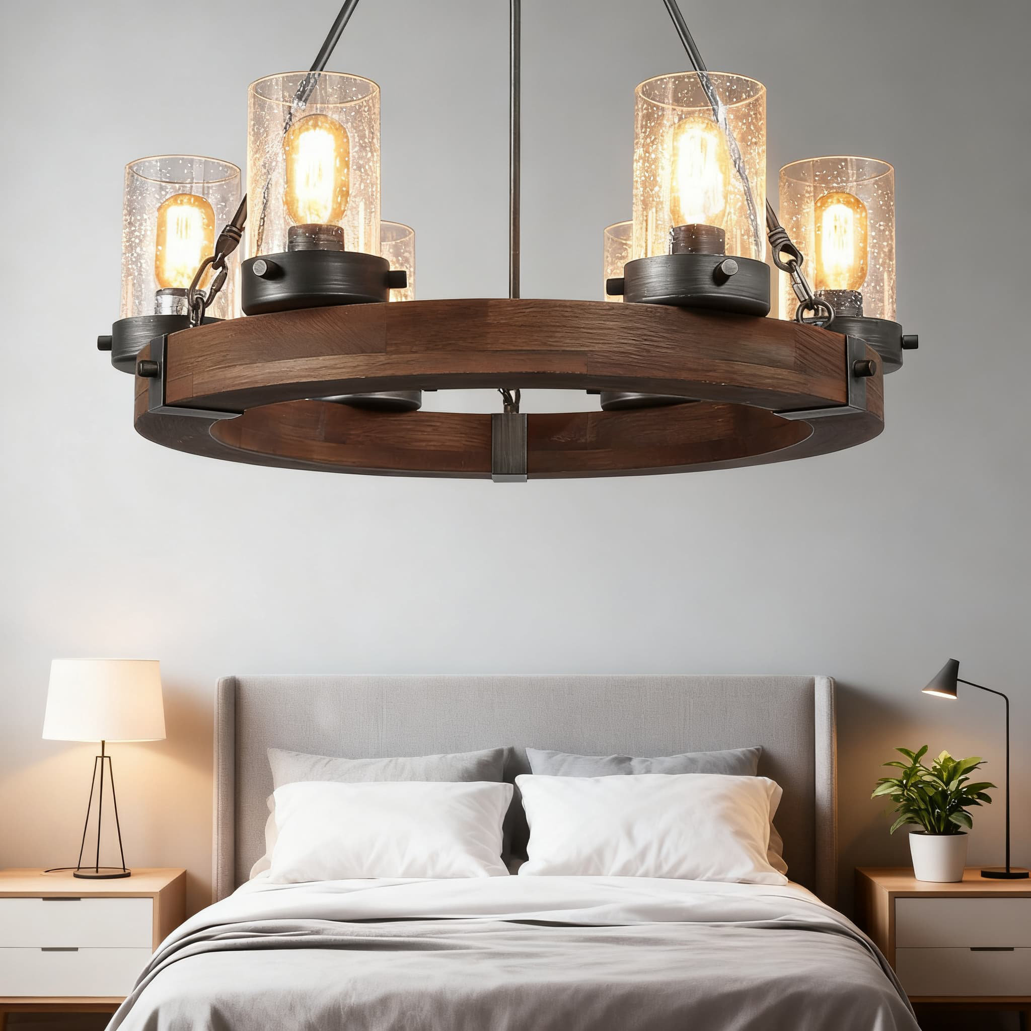 Gracie Oaks 6-Light Wood Wagon Wheel Chandelier, Rustic Farmhouse Round