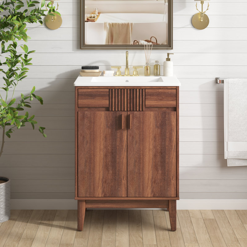 24" Mid-Century Modern Single Bathroom Vanity with Ceramic Sink, Soft-Close Doors and Solid Wood Legs, 24"