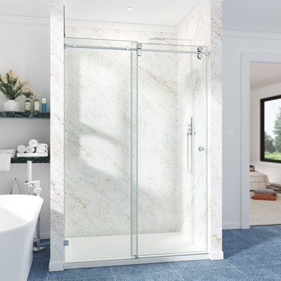 44-49" W x 76" H Frameless Single Sliding Shower Door with 3/8" (10mm) Clear Tempered Glass, Shatter-Resistant Film & Installation Hole Locator