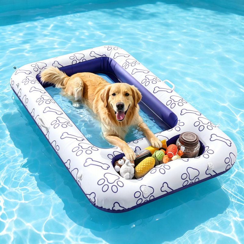 59 x 35 Inch Large Dog Inflatable Pool Float, Mesh PVC Pet Floating Bed with Built-in Storage for Toys & Food, Blue Bone Claw Design Float for Lake Camping